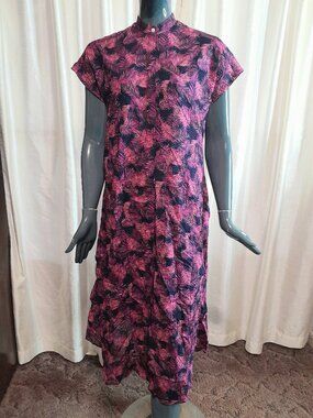 Ann Mashburn Cotton Black & Hot Pink Leaf Pattern Full Button Midi Dress Size M